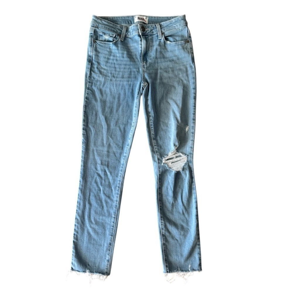 Paige 28 Skyline Ankle Peg Skinny Distressed Blue Denim Jeans Button Fly